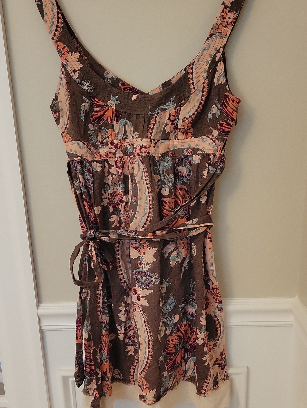 Free People Brown Floral Paisley Tie-Waist Mini Dress